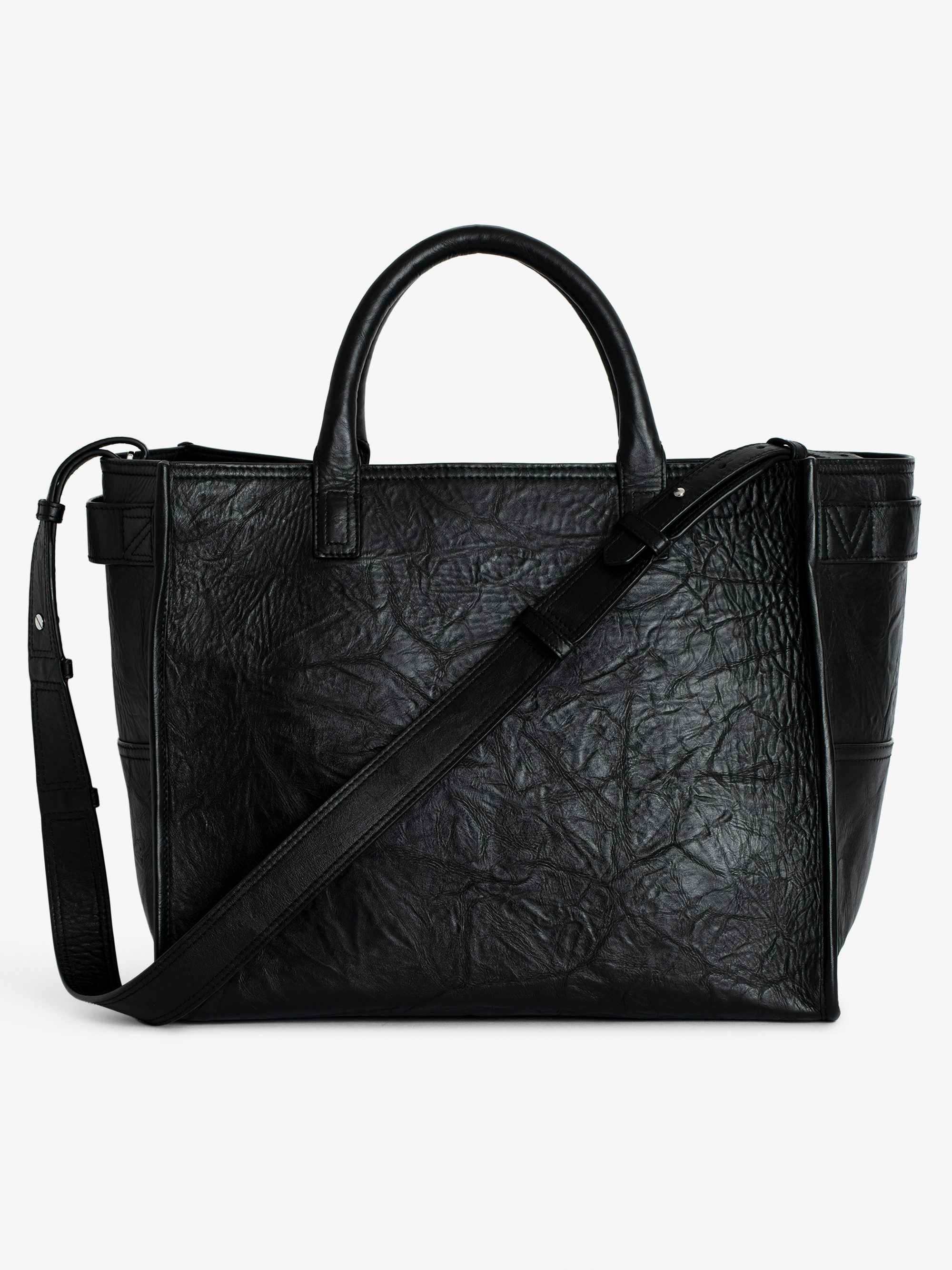 Angel Tote Bag - Crinkled leather bag with handle, shoulder strap and embossed wing signature.